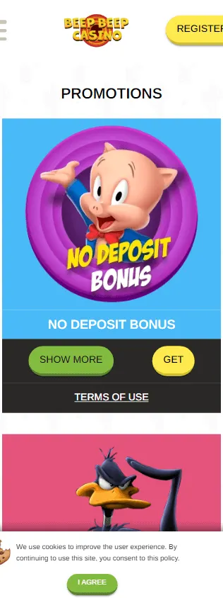Beep Beep Casino promotions and bonus offers on a mobile browser