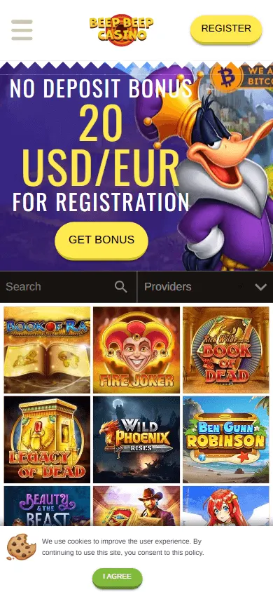Beep Beep Casino home experience in a mobile browser